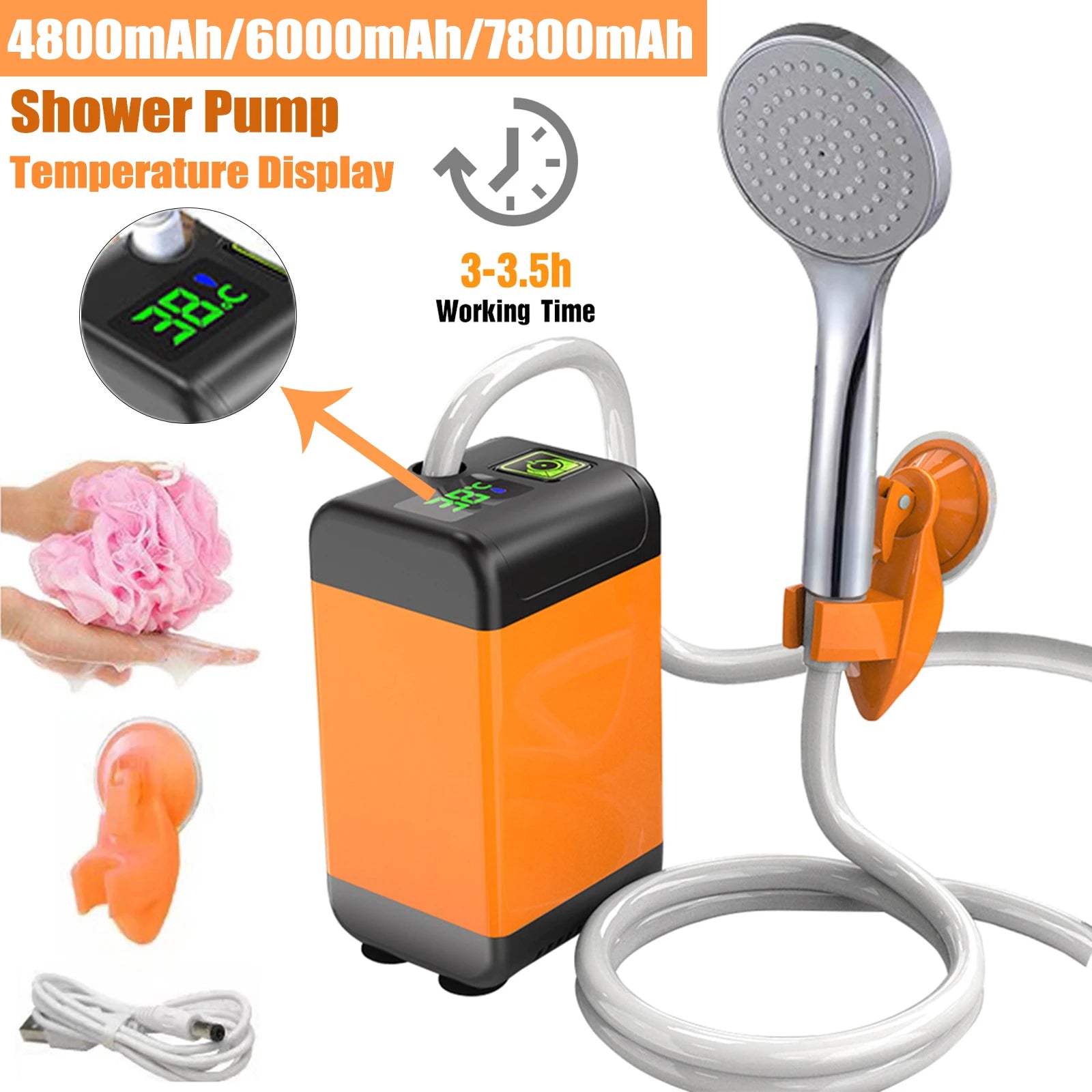 دش كهربائي خارجي محمول مزود بمضخة دش قابلة لإعادة الشحن عبر USB ورأس دش مقاوم للماء للتخييم والسفر