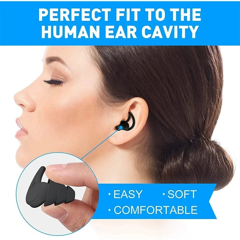 Triple-layer silicone earplugs for noise isolation, comfortable and reusable, ideal for sleeping and swimming