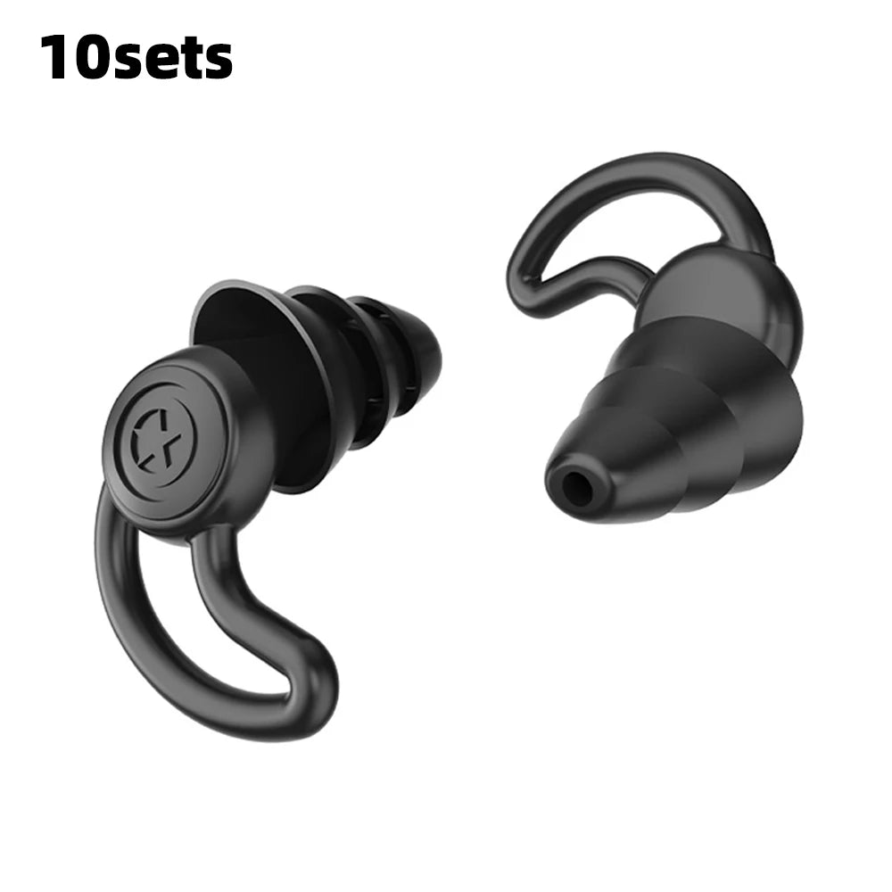 Triple-layer silicone earplugs for noise isolation, comfortable and reusable, ideal for sleeping and swimming