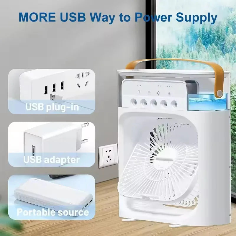 مروحة تبريد صيفية 3×1 – محمول USB مع إضاءة ليلية ورذاذ ماء