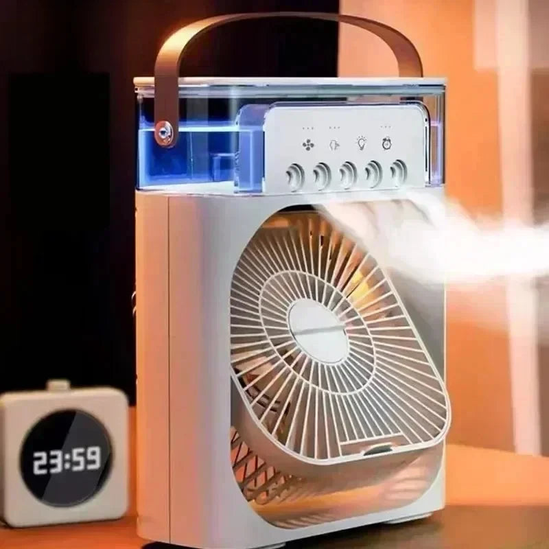 مروحة تبريد صيفية 3×1 – محمول USB مع إضاءة ليلية ورذاذ ماء