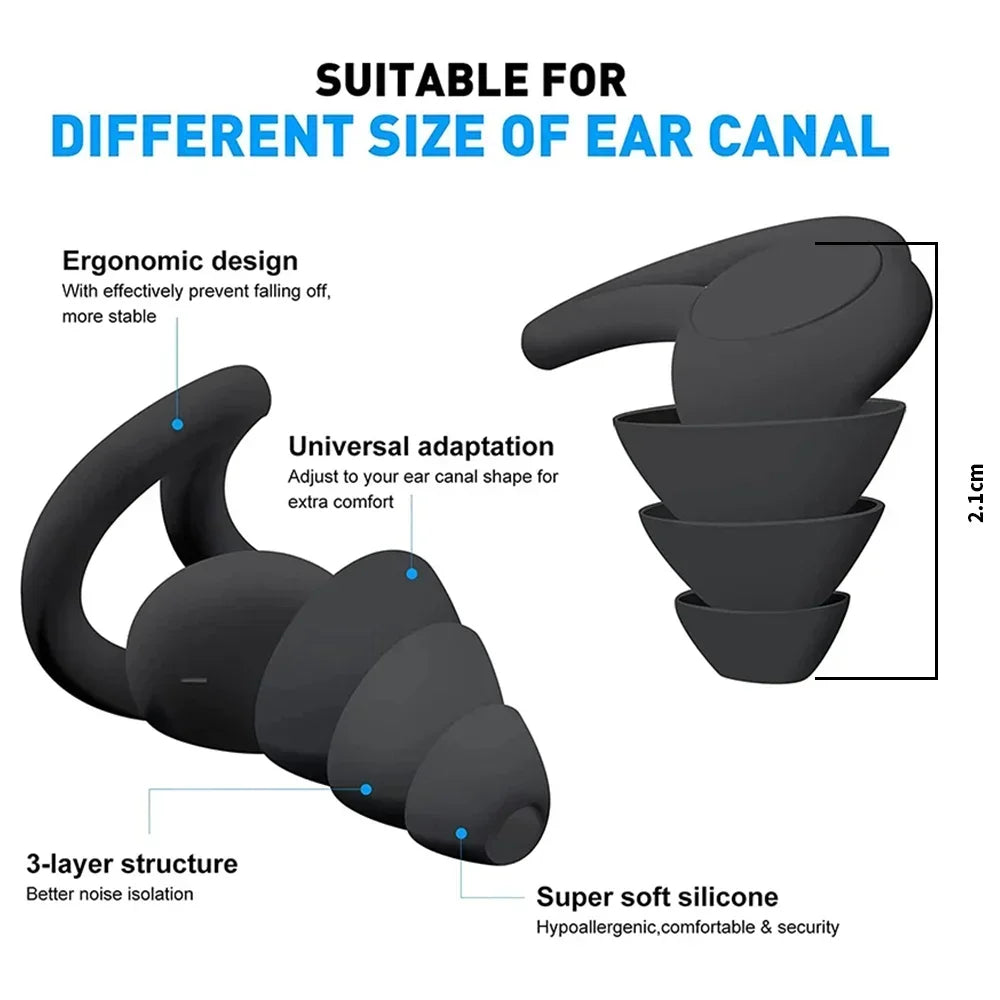 Triple-layer silicone earplugs for noise isolation, comfortable and reusable, ideal for sleeping and swimming